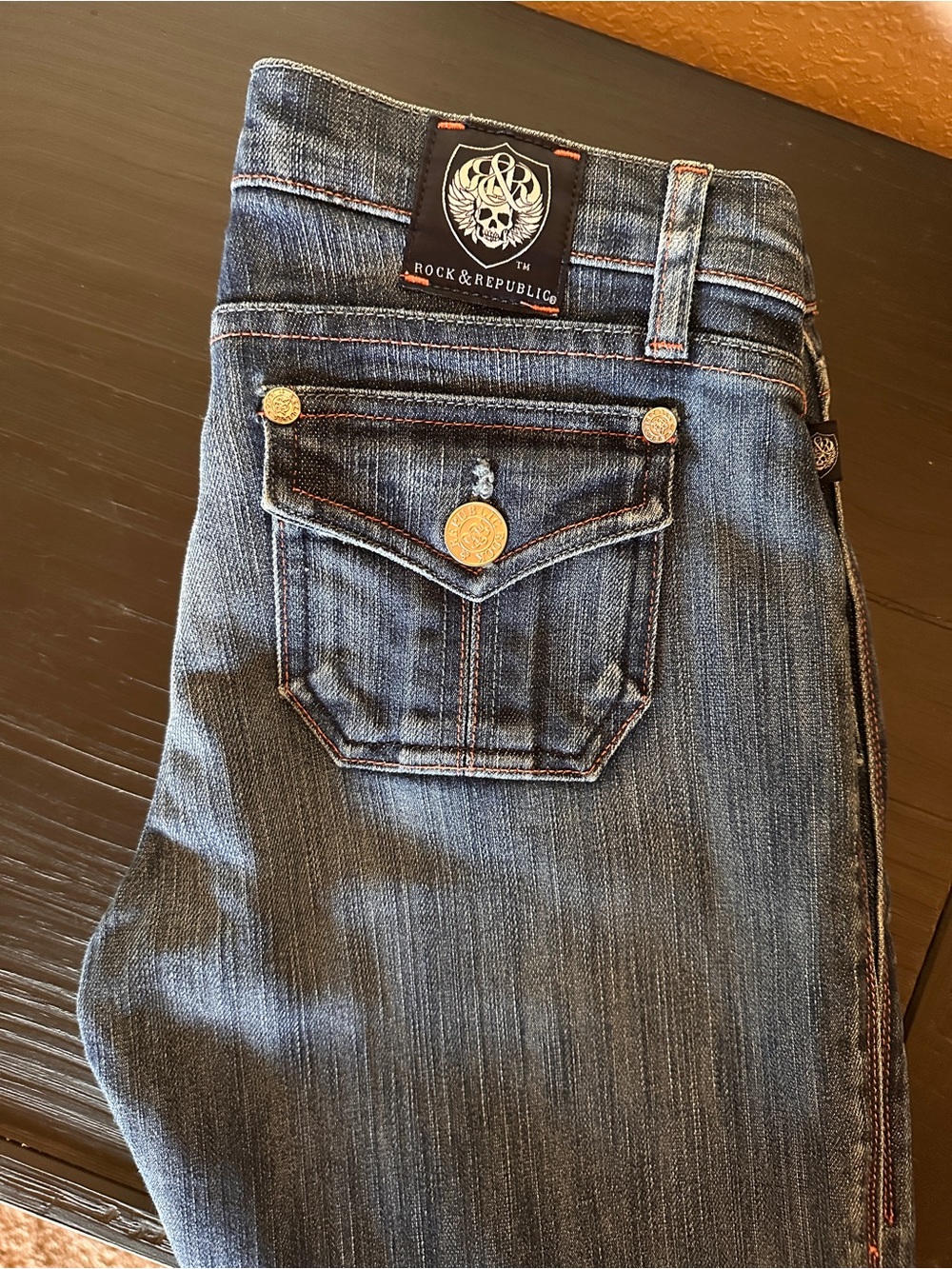 Rock & Republic Y2K Dark Wash Flare Jeans Flap Pockets Size 27, Inseam 37